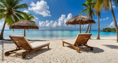Beautiful topical beach sand and sea  coconut tree with blue sky, two chairs and umbrella on the beach.