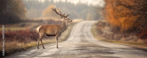 A powerful stag with impressive antlers stands dominantly on a rural road, with an autumn forest background, giving a sense of wild majesty and nature’s grandeur. photo