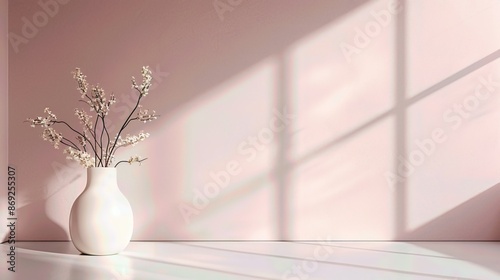Minimalistic vase with delicate branches casting shadows on a pastel pink wall background. Perfect for home decor and interior design visuals.