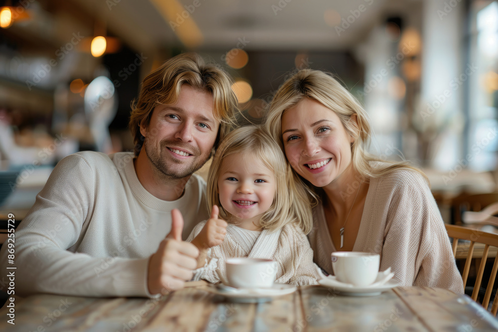 Parents kiss their daughter and give a thumbs up at the camera Parents kiss their daughter and give a thumbs up at the camera
