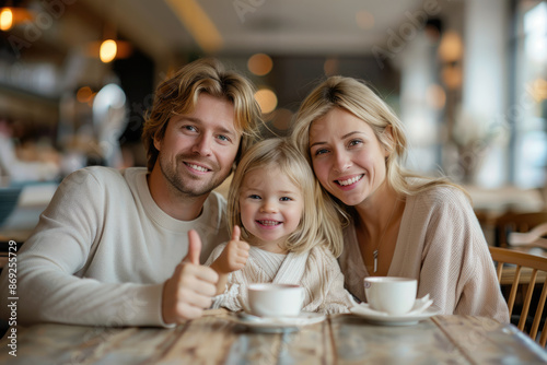 Parents kiss their daughter and give a thumbs up at the camera