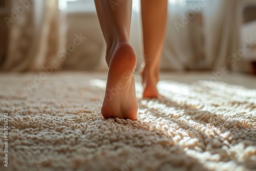 A woman's bare feet are shown on a carpeted floor photo