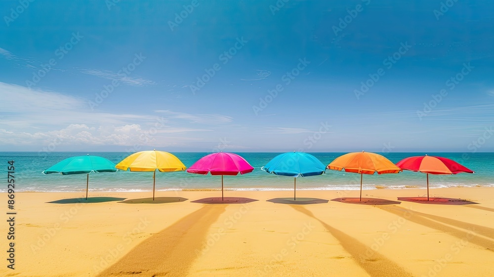 Vibrant beach umbrellas casting colorful shadows on golden sand under a clear blue sky Vibrant beach umbrellas casting colorful shadows on golden sand under a clear blue sky