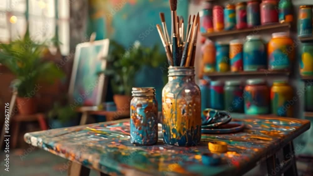 This Array of paint brushes standing in a jar, neatly arranged in an artist's bright studio. This Array of paint brushes standing in a jar, neatly arranged in an artist's bright studio.