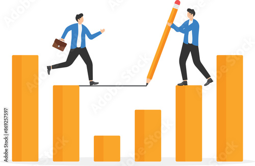 Business coach or mentor draws way and helps to overcome economic crisis and recession. Investor or businessman go to success and profit. Overcoming difficulties, risk management and path to success.
