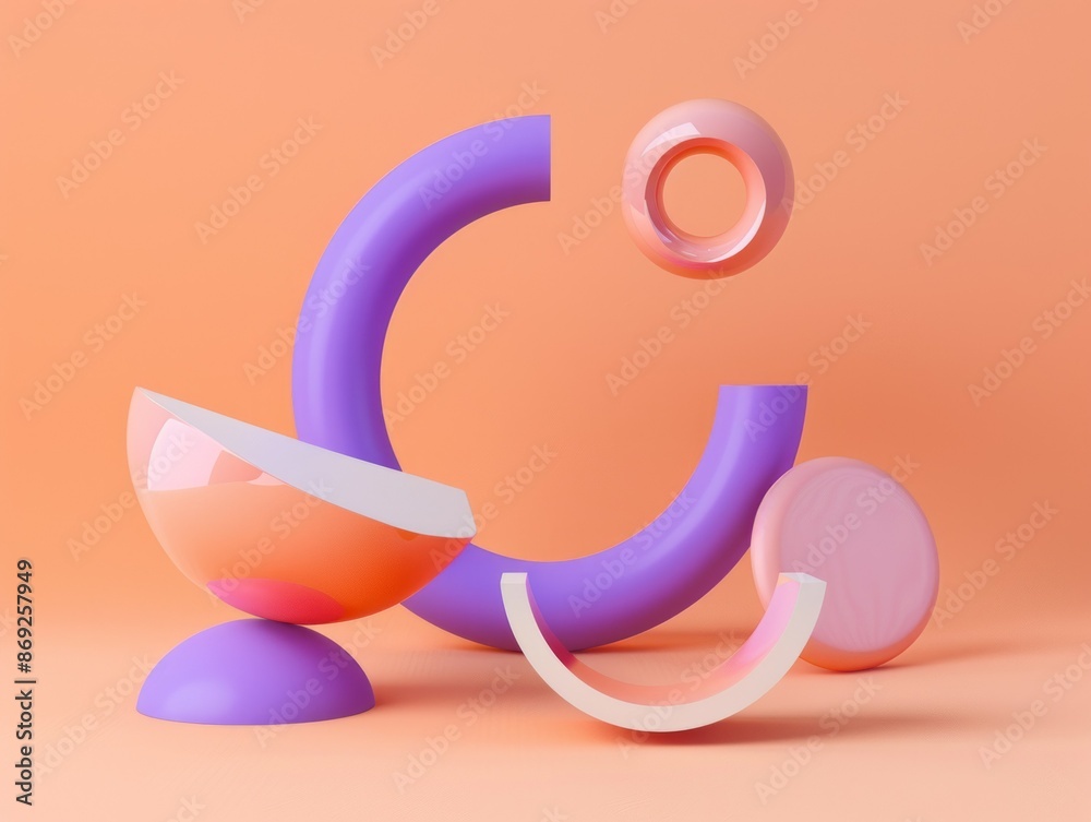A 3D illustration of abstract geometric shapes in purple and orange against a peach-colored background