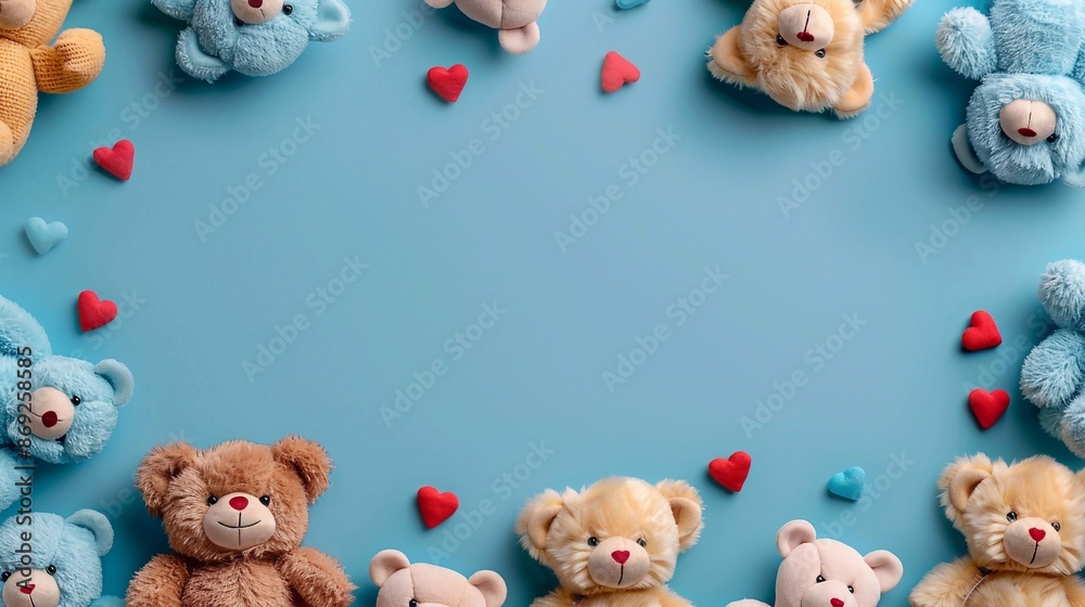 Baby kids toy frame background. Teddy bearsfor children on light blue background. Top view, flat lay Baby kids toy frame background. Teddy bearsfor children on light blue background. Top view, flat lay