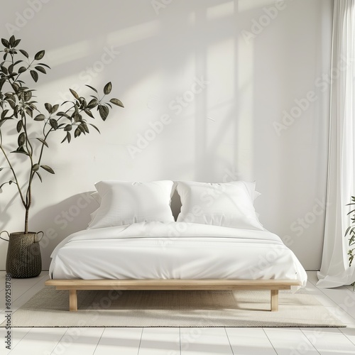 minimalist bedroom interior with bed in front of empty wall photo