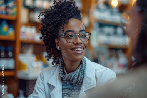 Young women talking to customers in the pharmacy