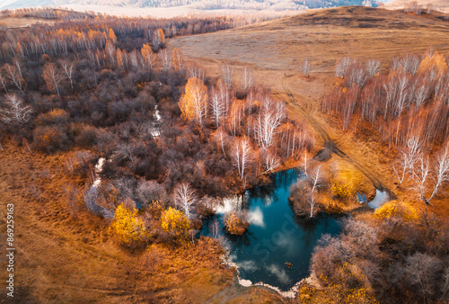 Obraz na płótnie River in the autumn forest at sunset. Dirty road across the pond. Aerial view. w salonie