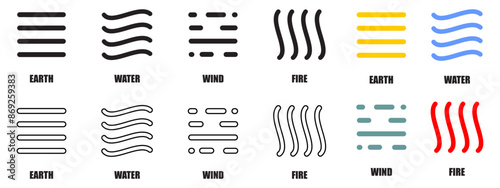 Four elements icons in flat style. Fire, Earth, Water and Wind line symbol for your web site design, logo, app, UI Vector 