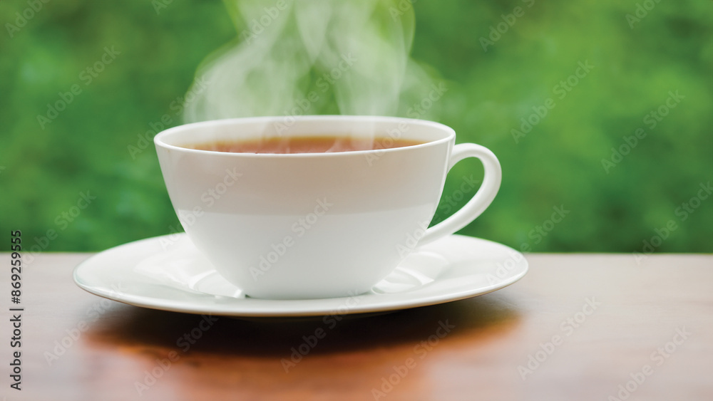 coffee cup in around coffee beans on Wooden tabletop with blurred tea plantation landscape against blue sky and blurred green leaf frame Product display concept natural background coffee cup in around coffee beans on Wooden tabletop with blurred tea plantation landscape against blue sky and blurred green leaf frame Product display concept natural background
