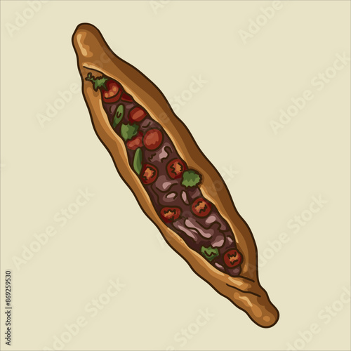 Hot Turkish pide with tomatoes and greens