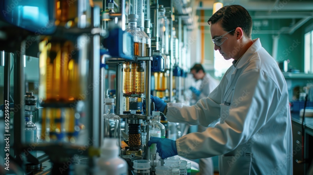 Researchers in a laboratory testing new methods for capturing carbon from the air, focusing on scientific innovation