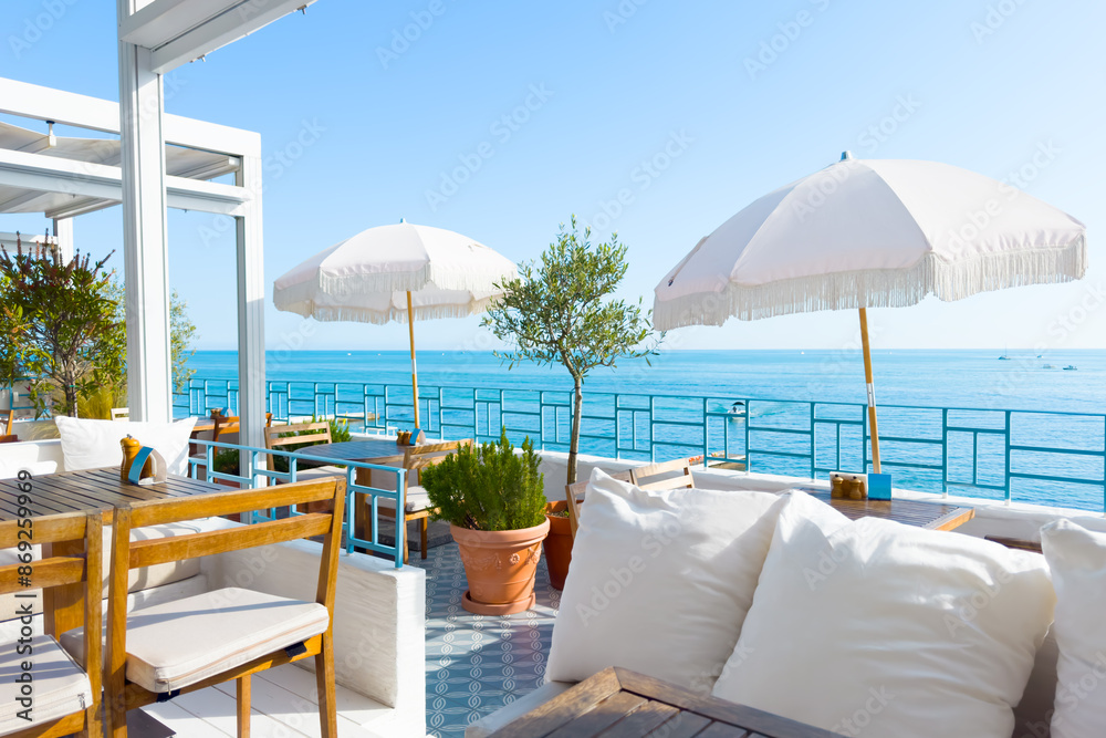 Beautiful terrace with sea view at sunny day. Travel and summer vacation concept.