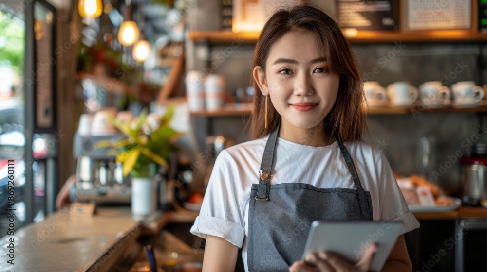 A young Asian businesswoman smiles warmly as she holds a tablet computer in a cafe setting A young Asian businesswoman smiles warmly as she holds a tablet computer in a cafe setting