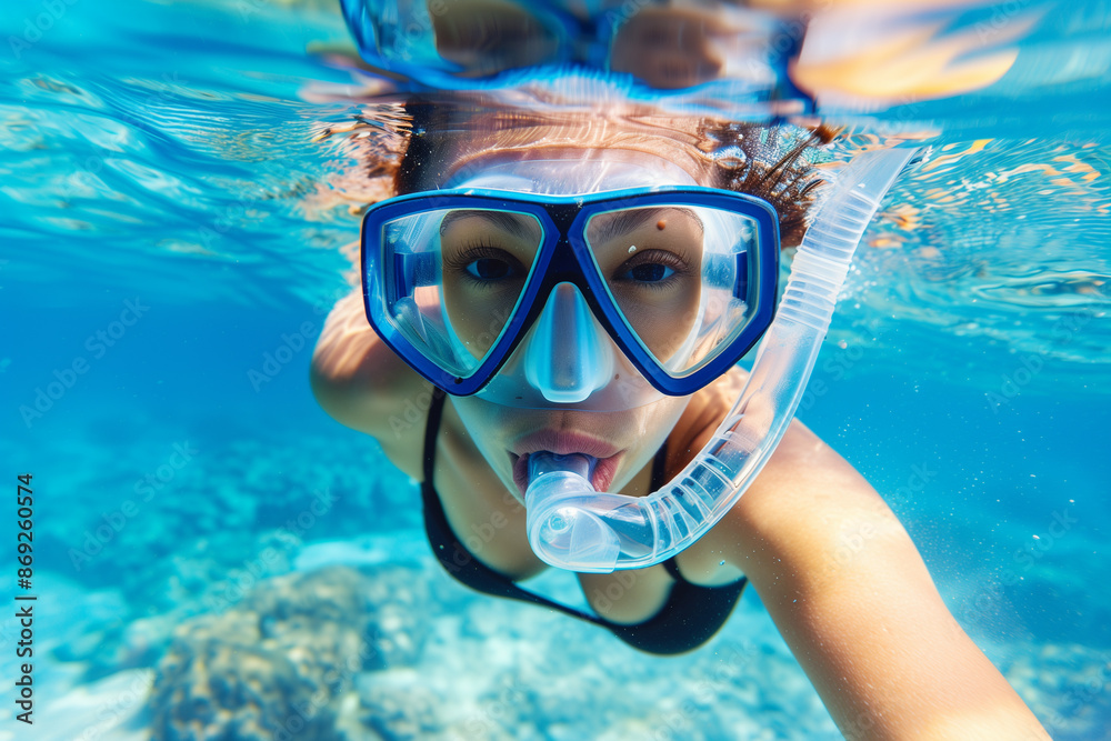 Naklejka premium Underwater Selfie of Young Woman Snorkelling in Clear Blue Waters - Adventure, Marine Exploration, Summer Fun