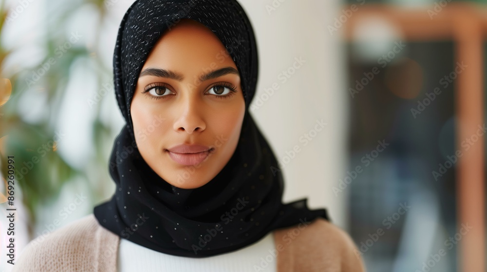 young Middle Eastern woman with a hijab, standing confidently in a modern office, holding a laptop young Middle Eastern woman with a hijab, standing confidently in a modern office, holding a laptop