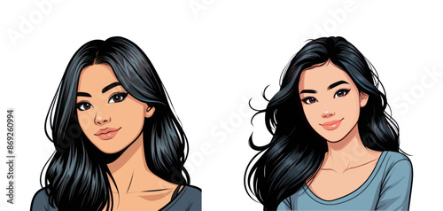 Vector illustration of two girls with long black hair, each wearing a blue top. The portraits highlight their friendly and attractive expressions, emphasizing their stylish and charming features.