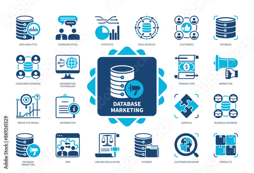 Database Marketing icon set. Statistics, Communication, Information, Storage, Transaction, Customers, Marketing, Predictive Model. Duotone color solid icons
