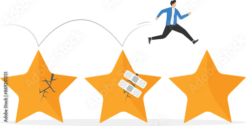 Fixing broken rating star with bandage. Reputation management, landing page template, infographic. Customer experience or rating, Stages of repairing or fix customer trust problems, credit score.

