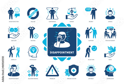 Disappointment icon set. Failure, Stress, Mistake, Dissatisfaction, Hope, Regret, Immune System, Psychotherapy, Conflict. Duotone color solid icons