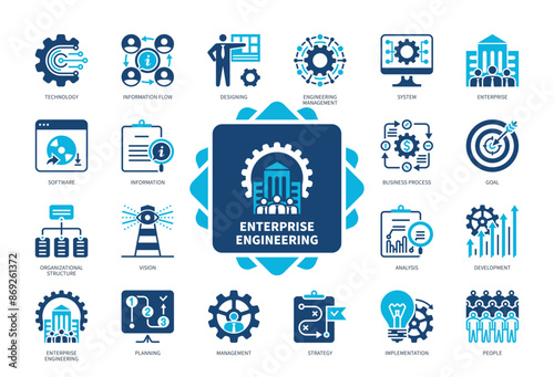 Enterprise Engineering icon set. System, Management, Designing, Information Flow, People, Strategy, Planning, Structure. Duotone color solid icons