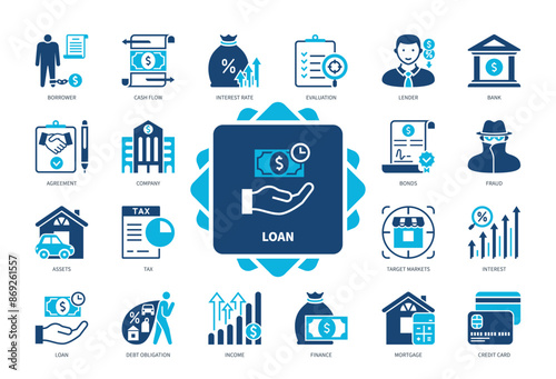 Loan icon set. Borrow, Interest Rate, Assets, Lender, Mortgage, Credit Card, Debt Obligation, Agreement. Duotone color solid icons