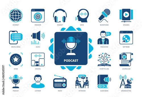 Podcast icon set. Podcaster, Radio, Listener, Digital Media, Journalism, Broadcasting, Audio Book, Headset, Interview. Duotone color solid icons