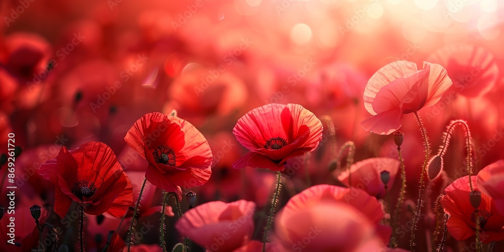 Vibrant Field of Blooming Red Poppies in Soft Sunlight Vibrant Field of Blooming Red Poppies in Soft Sunlight