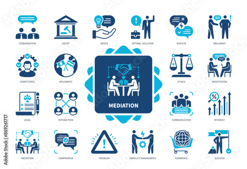 Mediation icon set. Compromise, Dispute, Negotiation, Diplomatic, Advice, Optimal Solution, Competence, Success. Duotone color solid icons