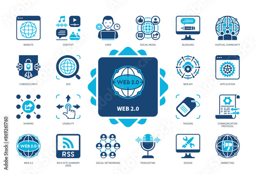 Web 2.0 icon set. Cybersecurity, SEO, Usability, Social Networking, Tagging, Design, Web API, Virtual Community. Duotone color solid icons
