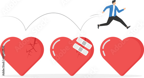 Male with bandage repaired heart shape. Move on or forget and forgive, open for new relationship, heal heart broken or divorce and relationship problem.

