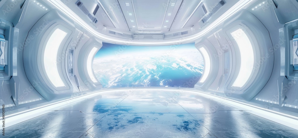 Futuristic Spaceship Corridor with Earth View Futuristic Spaceship Corridor with Earth View