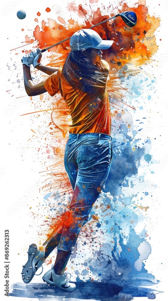 Dynamically posed golfer with vibrant color splashes Dynamically posed golfer with vibrant color splashes