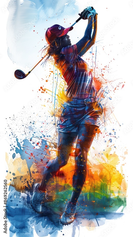 Fototapeta premium Dynamic female golfer taking a powerful golf swing.