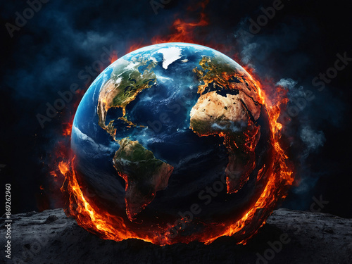 A powerful depiction of a blazing Earth, reflecting the critical state of our environment due to human actions.