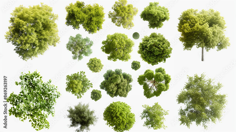 Fototapeta premium set of Mugworts, Salix purpurea, Myrtle trees rendered from the top view, isolated on transparent background