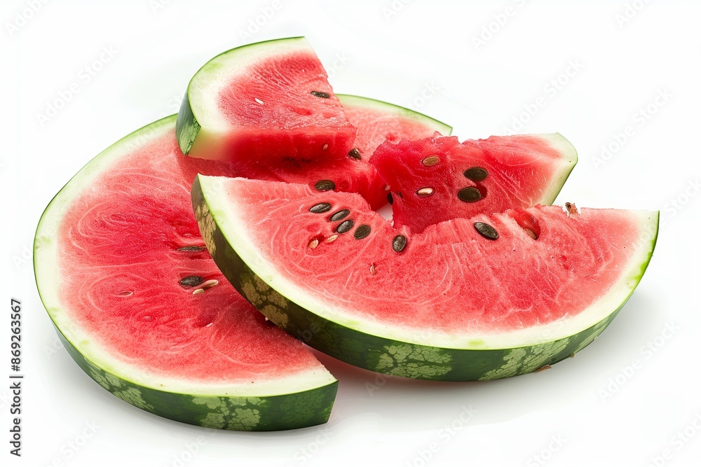 A high resolution graph of a sliced watermelon on a pristine white background. The vibrant red flesh A high resolution graph of a sliced watermelon on a pristine white background. The vibrant red flesh