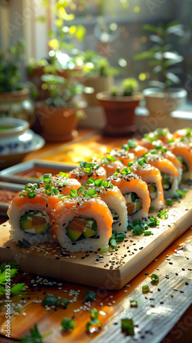 Close up of delicious salmon sushi on the kitchen table