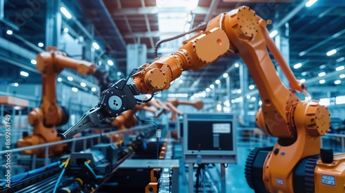 Industrial robotic arms working in a modern factory. Advanced manufacturing technology in an automated production line.