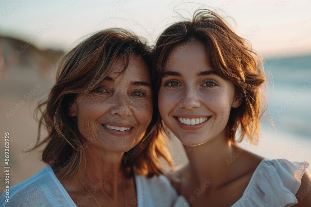 The elderly mother and young daughter are at the seaside The elderly mother and young daughter are at the seaside