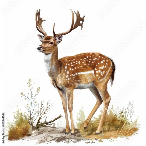 A deer with antlers stands in a field