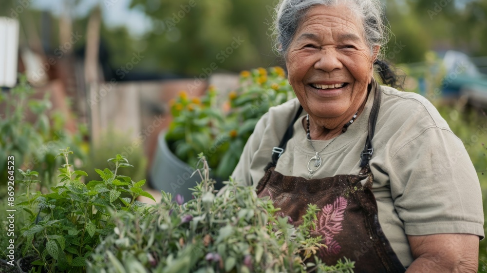 Fototapeta premium Joyful Elderly Woman Gardening in Sunny Backyard