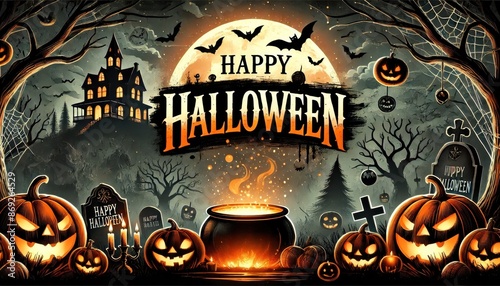 Happy Halloween Scene with Pumpkins and Haunted House photo