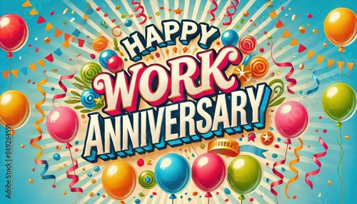 Happy Work Anniversary Banner with Colorful Streamers and Balloons photo