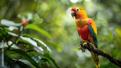 A vibrant rainforest teeming with diverse wildlife, including colorful birds and exotic plants