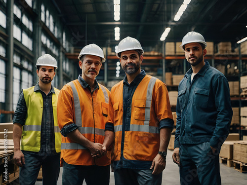 Full team of warehouse employees standing in warehouse. Team of workers in reflective clothing in modern industrial factory, heavy industry, manufacturers.