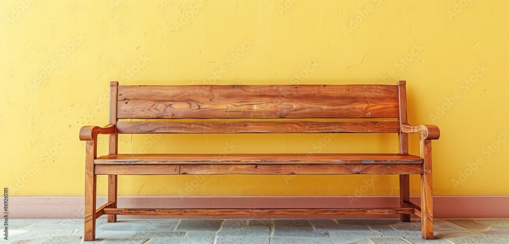 A rustic cherry wood bench with a natural finish, positioned in front of a soft yellow luxury house wall. A rustic cherry wood bench with a natural finish, positioned in front of a soft yellow luxury house wall.
