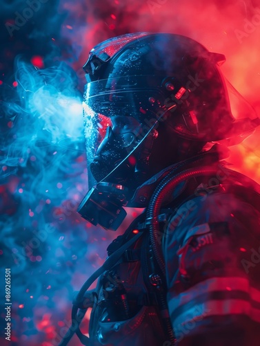 Courageous Firefighter Amidst Vivid Flames and Blue Smoke © rorozoa